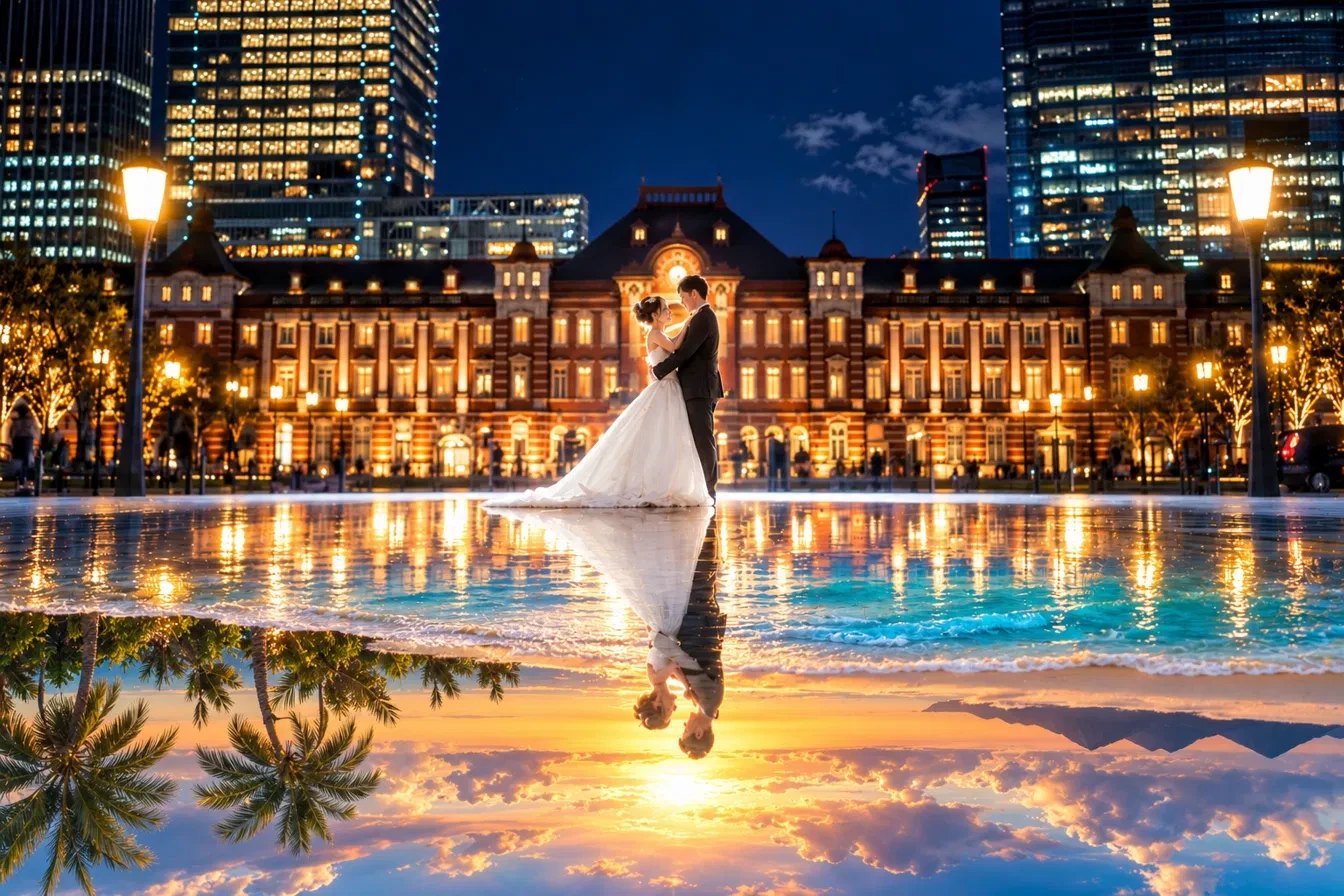 夜の東京駅丸の内駅舎の前で寄り添う新郎新婦